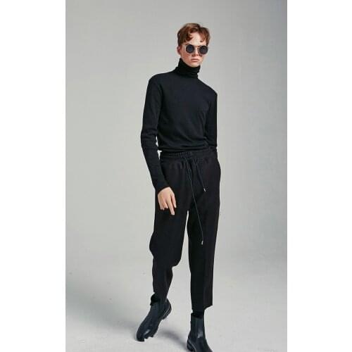 Mens woolen trousers slim fit nine point elastic wool thick double layer youth fashion urban fashion male popular black
