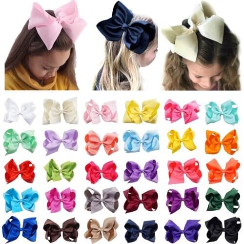 6 Inch 2 pcs/lot Girls' Grosgrain Ribbon Hair Bows with Clips Kids' Hairbows Solid Bow Children Hairclips Handmade Large Hairbow
