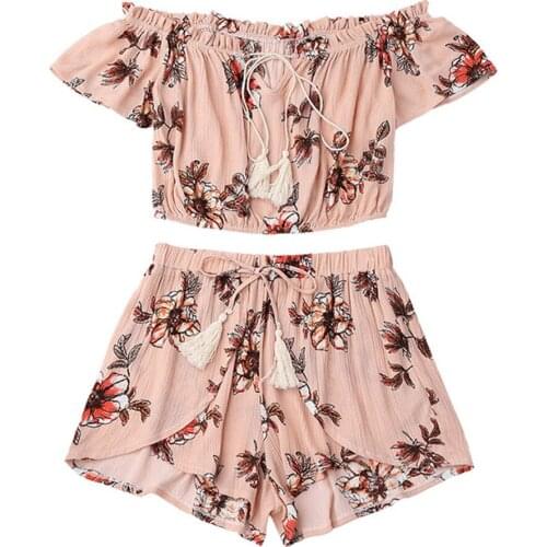 Casual Two Piece Set Women Off Shoulder Floral Print Lace Up Beachwear Crop Tops Set Summer shorts sets костюм женский летний