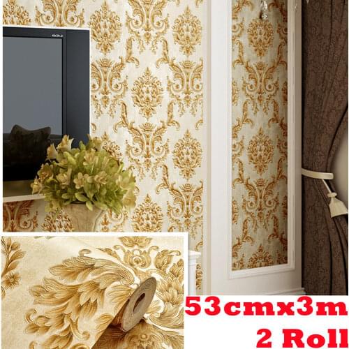 3M/Roll Gold Luxury Damask Wallpaper Self-adhesive 3d Relief Damascus Wall Paper Floral Non-woven Living Room Bedroom Decor