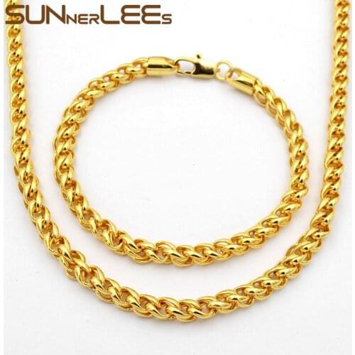 SUNNERLEES Fashion Jewelry Rose Gold Color Necklace Bracelet Set 5mm Wheat Style Link Chain For Mens Womens C61 S