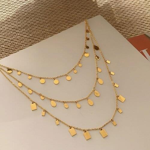 Fresh Shiny Waterdrop Square Circle Disc Pendant Chains Choker Necklaces for Girls Stainless Steel Jewelry Accessories for Women