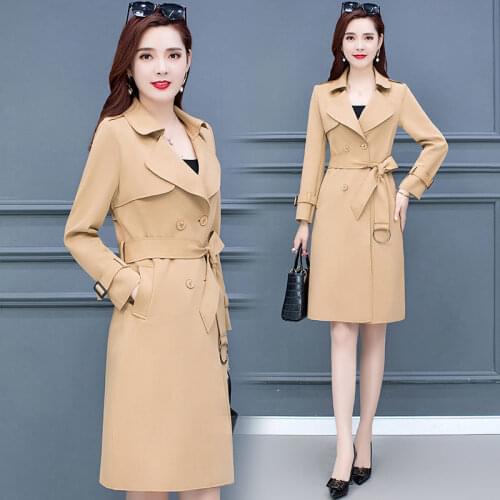 Womens Trench Coat 2021New Female Spring Autumn Long V-neck Windbreaker Double Breasted Belt Fashion Womens Coat 4XL B1195
