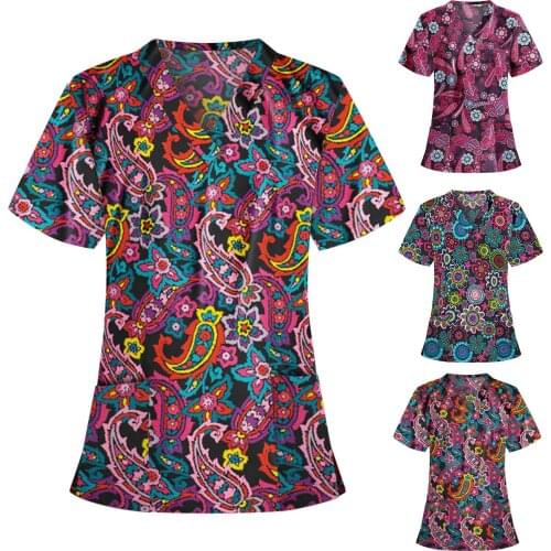 Nurse Uniform Scrubs Women Short Sleeve V-neck Fashion Cashew Print Tops Work Uniform Blouse Nurse Overalls медицинская одеж q5