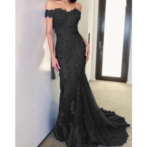 Evening Dress Mermaid Black Cap Sleeve Floor Length Court Train Lace Appliques Crystal Beaded Sweetheart Women Party Sexy Prom