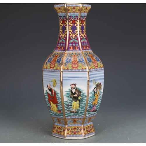 Qianlong Enamel Eight Immortals Figure Octagonal Vase Jingdezhen Antique Porcelain Vase Home Chinese Ornaments