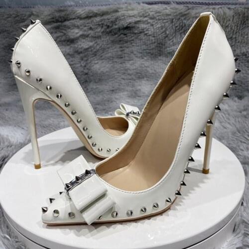 Rivet studded patent leather white black 8cm 10cm 12cm heels pointed toe wedding party dress stiletto woman pumps MD002 ROVICIYA