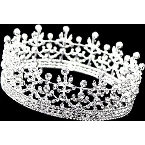 Vintage Silver Color Crystal Full Round King Queen Tiara Circle Imperial Medieval Wedding Crown Bridal Hair Jewelry For Women
