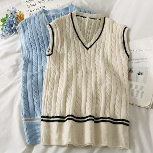 Preppy Style Twist Knitted Sweater Vest Womens Autumn Winter 2021 Korean Loose Retro Fashion Sleeveless V-neck Waistcoat