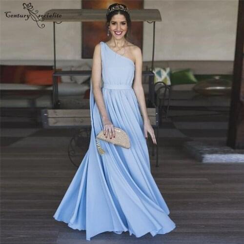 Sky Blue Bridesmaid Dresses Long Floor Length Chiffon A-Line One Shoulder Maid Of Honor Dress Wedding Guest Gowns 2021