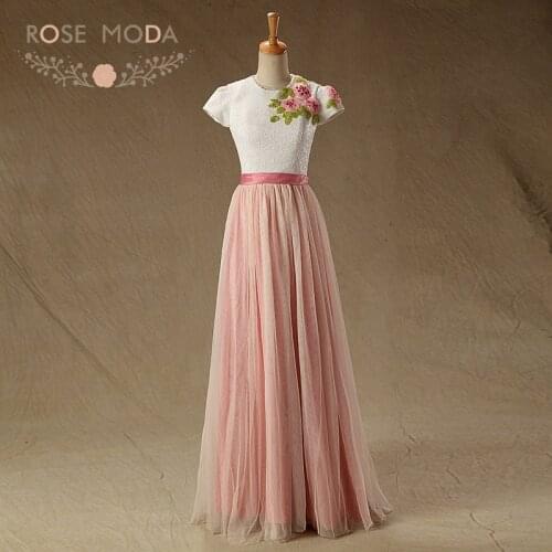 Rose Moda Bling Lantern Sleeves Pink Floor Length Prom Dresses High Neck Shot Sleeves Party Dress Back to School Dresses