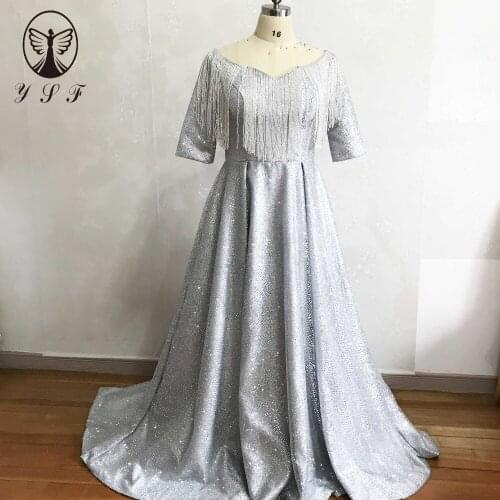 New Arrival Sweetheart Beading Half Sleeve Bling Bling Pleated Sweep Train Silver Prom Dresses 2019