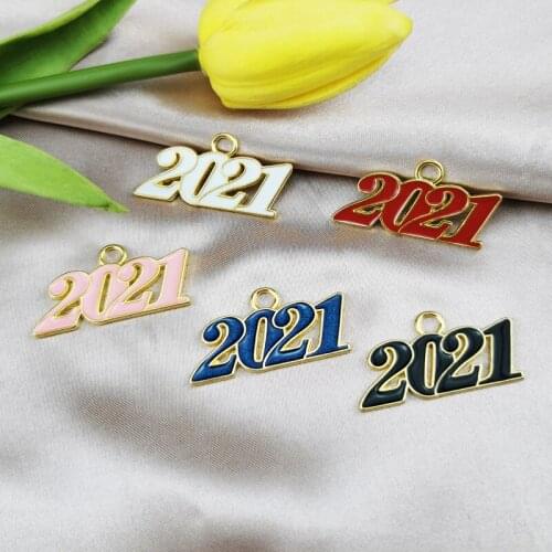 10PCS 19*29mm 5 Color Alloy Metal Drop Oil Years Digital Charms 2021 Pendant For DIY Bracelet Necklace Jewelry Making