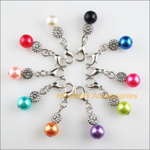 10Pcs Tibetan Silver Tone Flower Retro Mixed Ball Glass 8x19mm With Lobster Claw Clasps Charms