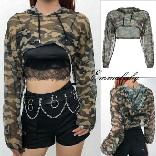 2019 Brand Camo Hoodies Top Women Sexy Mesh Perspective Loose Casual Club Wear Party Casual Shirt Tops Summer Sweatshirt