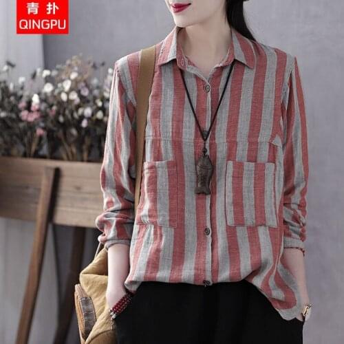 Blouse Women Cotton Linen New Loose Long Sleeve Vertical Stripe Cotton Linen Shirt Top Blusas Mujer De Moda