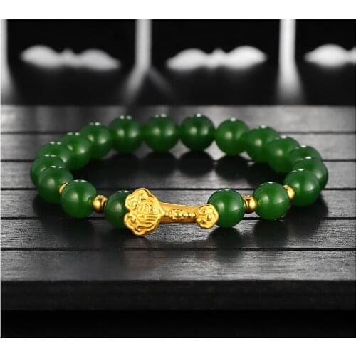 999 24K Yellow Gold Bracelet Real Gold Coin Pixiu 3D Hard Gold Lucky Jade/Jadeite Beads For Women Female 's Bracelet