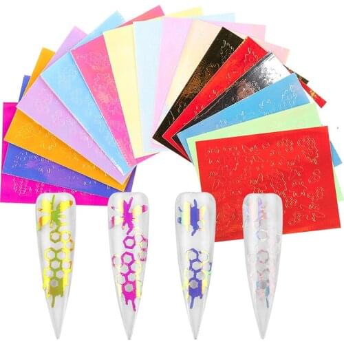 Holographic multicolor 3D Nail Sticker honeybee Holo Laser Adhesive Decal Sticker Manicure Nail Art Decoration 16 Sheet