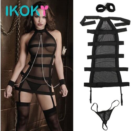 IKOKY Perspective Role Play Handcuffs Sexy Black Mesh Exotic Costumes Open Crotch Sexy Lingerie Underwear Kit Shackle Bundled
