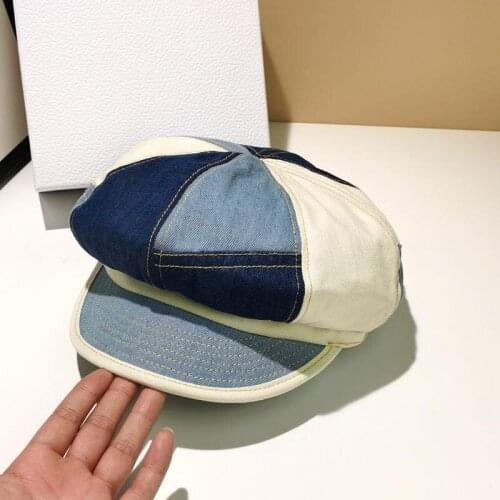 Newsboy Cap Patchwork Color Denim Hats For Women Female Beret British Style Painter Spring Summer 2021 Brand New Octagonal Cap