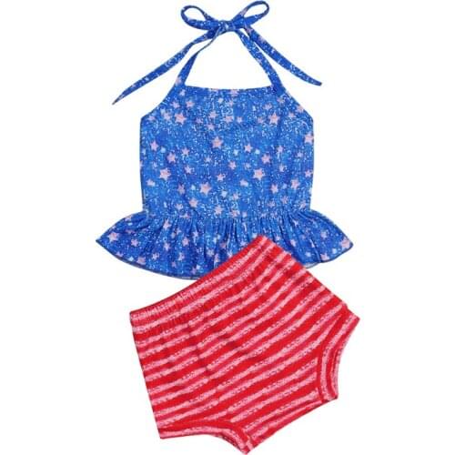 2Pcs Outfits Independence Day Baby Girls Toddlers Summer Star Printing Hanging Neck Sleeveless Suspender Tops + Striped Shorts