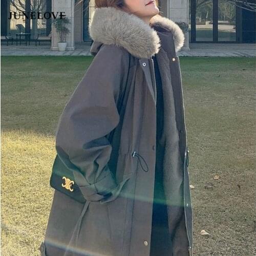 JuneLove Women Winter 2021 New Cotton Padded Jacket With Plush Thickened Padded Long Parka Jacket Faux Fur Hooded Warm Outwears