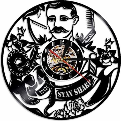 Barbershop Elements Retro Wall Clock Beauty Salon Hair Stylist Vinyl Album Re-purposed Record Clock Hairdresser Profession Sign