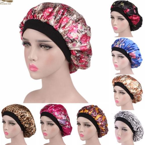 2020 New Hot Fashion Women Satin Night Sleep Cap Hair Bonnet Hat Silk Head Cover Print Wide Elastic Band