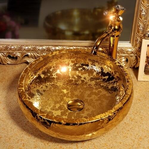 Gold Artistic Procelain Europe Vintage Style Art wash basin Ceramic Counter Top vessel sinks ceramic Wash Basin Bathroom Sink