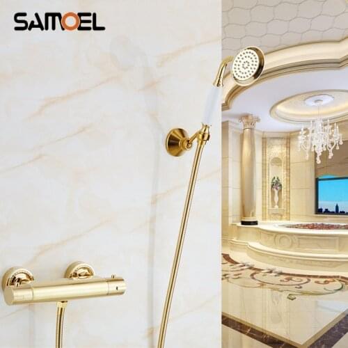 Luxury Gold Brass Thermostatic Bath and Shower Faucet Set Wall Mount Golden Bathtub Mixer Taps TR531