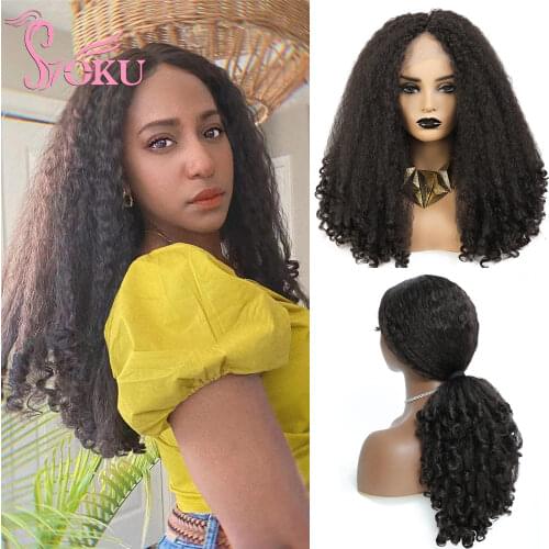 SOKU Synthetic Wigs Lace Front Middle Part Wig 20 inch Long Bouncy Curly Yaki Straight Hair For Afro Women Fluffy Hairstyle