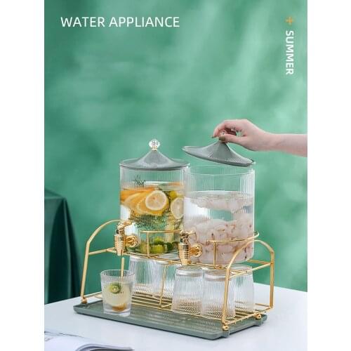 Large Capacity Glass Tea Set 2 Pieces Cold Water Pitcher With Tap Tray Holder Household Hotel Heat Resistant Cola Lemon Barrel