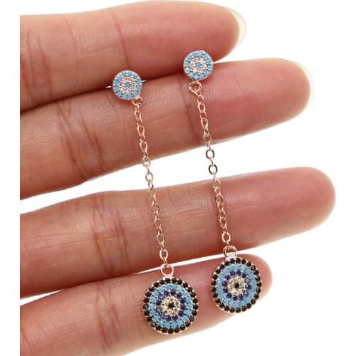 Gorgeous round disco charm chain ear wire rose gold color fashion elegant women turkish evil eye nano turquoises dangle earring