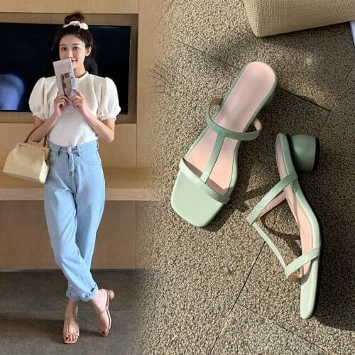 YQBTDL Fashion Outdoor Chunky Heel Womens Shoes Summer Flip Flops Narrow Band Green Women Slides Plus Size Med Heel Slipers 43