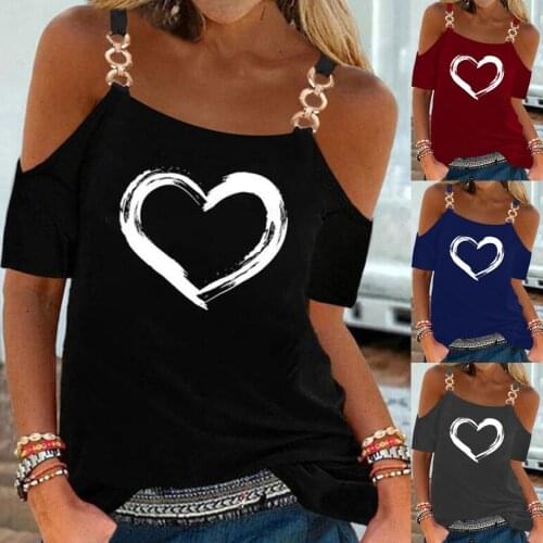 Women Fashion Loose Casual short sleeves off shoulder Hollow out Round neck Love print Summer tshirt tops blouses