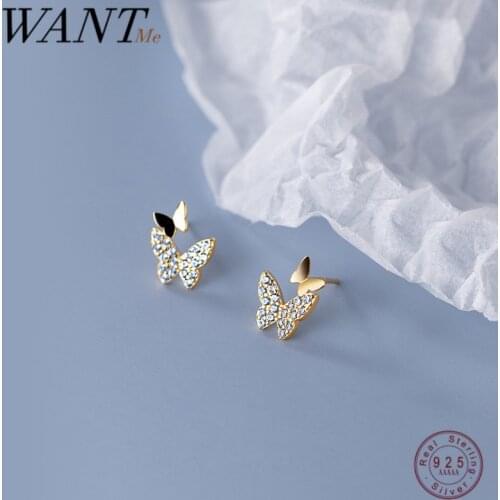 WANTME 925 Sterling Silver Romantic Cute Blue Zircon Double Butterfly Insect Stud Earrings for Women Sweet Party Wedding Jewelry