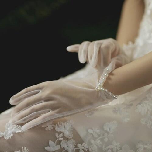 Women Bridal Gloves With Finger Elbow Length Short Pearls Beaded Ruffles Wedding Accessoires 2021