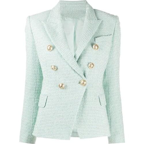 Free Shipping 2021 Designer Fashion Mint Green Woven Tweed Blazers Women Warm Autumn Winter Double Breasted Slim Blazer Jacket