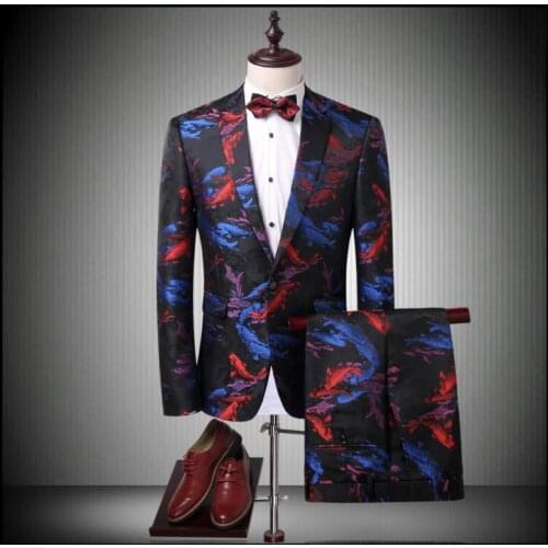2018 New Mens Flower Suit Set Slim Hairstylist Suit Carousingly Twinset Carp Pattern Suit Groom Wedding Dress Singer Costumes