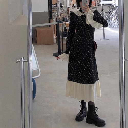 2021 Women Elegent Ruffle Print Dress Female High Waist Winter Autumn Korean Party Dress Lady Retro Long Sleeve Vestido