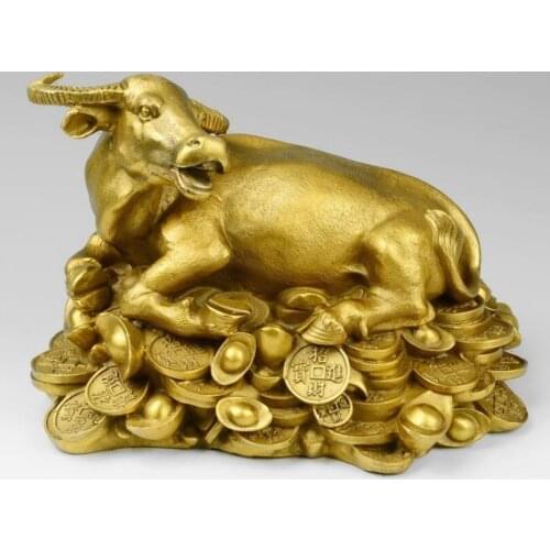 China Brass Fengshui Yuanbao Wealth Zodiac Cattle Bull Ox Cow Decoration Statue