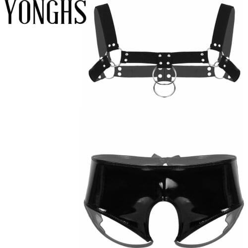 Mens Lingerie Set Elastic Wide Shoulder Chest Muscle Harness Belt with Patent Leather Open Crotch Briefs for Fancy Club Party