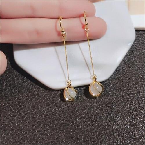 Korean Fashion Earrings For Women Jewelry 2021 Long Opal Pendant Earrings Simple Romantic Temperament Everyday Wild Earrings