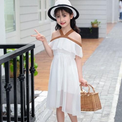 6-14 yrs teenage girls summer white black Chiffon ruffled dress 2018 korean big girls bohemia style Beach clothes