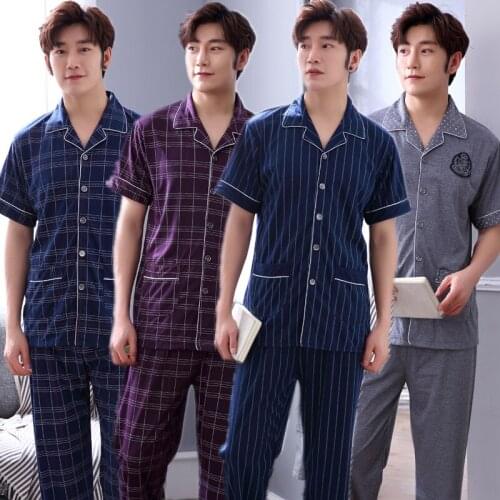 Soft Summer Casual Plaid Cotton Pajama Sets for Men Short Sleeve Long Pants Sleepwear Pyjama Male Homewear Lounge Wear Clothes