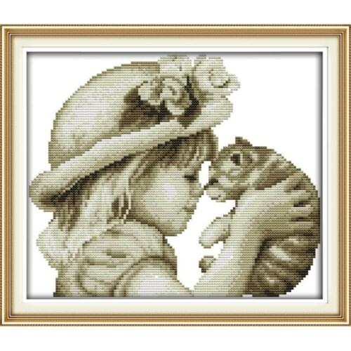 Cute Girl & Kitty Black & White Pattern diy Material Needlework Embroidery Cross Stitch Kit China Characteristic Wholesale Gift