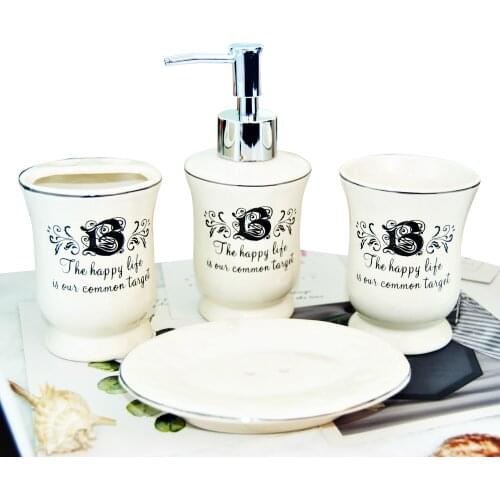4Pcs/Set Ceramic The Happy Life Target Hotel Bathroom Lotion Vintage Soap Dispenser Pump Bath Bottle Tumbler Toothbrush Holder