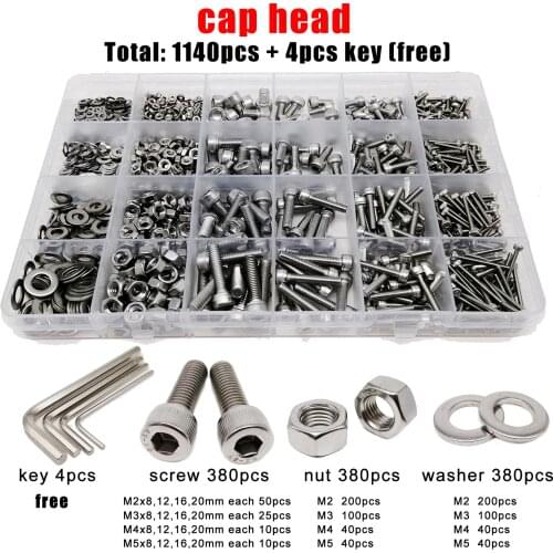 1140pcs M2 M3 M4 M5 304 Stainless Steel Allen Hexagon Hex Socket Cap Button Flat Head Screw Bolt Nut Washer Set Assortment Kit