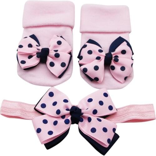 Baby Infant Socks +1PC Hair Belt Toddler Girls Bow Wave Point Anti-slip Socks Newborn Baby Socks Active Baby Clothes Accessories