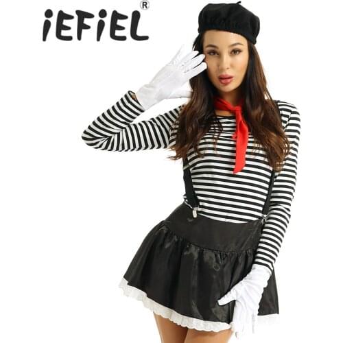 New Arrival Female Women Adults Ladies Costume French Artist Clown Circus Fancy Dress Outfits Striped Top Black Satin Skirt Sets